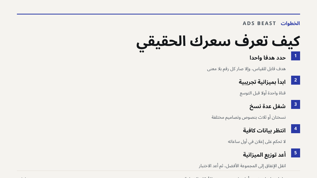 كيف تعرف سعرك الحقيقي. حدّد هدفًا واحدًا: هدف قابل للقياس، وإلا صار كل رقم بلا معنى; ابدأ بميزانية تجريبية: قناة واحدة أولاً قبل التوسع; شغّل عدة نسخ: نسختان أو ثلاث بنصوص وتصاميم مختلفة; انتظر بيانات كافية: لا تحكم على إعلان في أول ساعاته; أعد توزيع الميزانية: انقل الإنفاق إلى المجموعة الأفضل، ثم أ