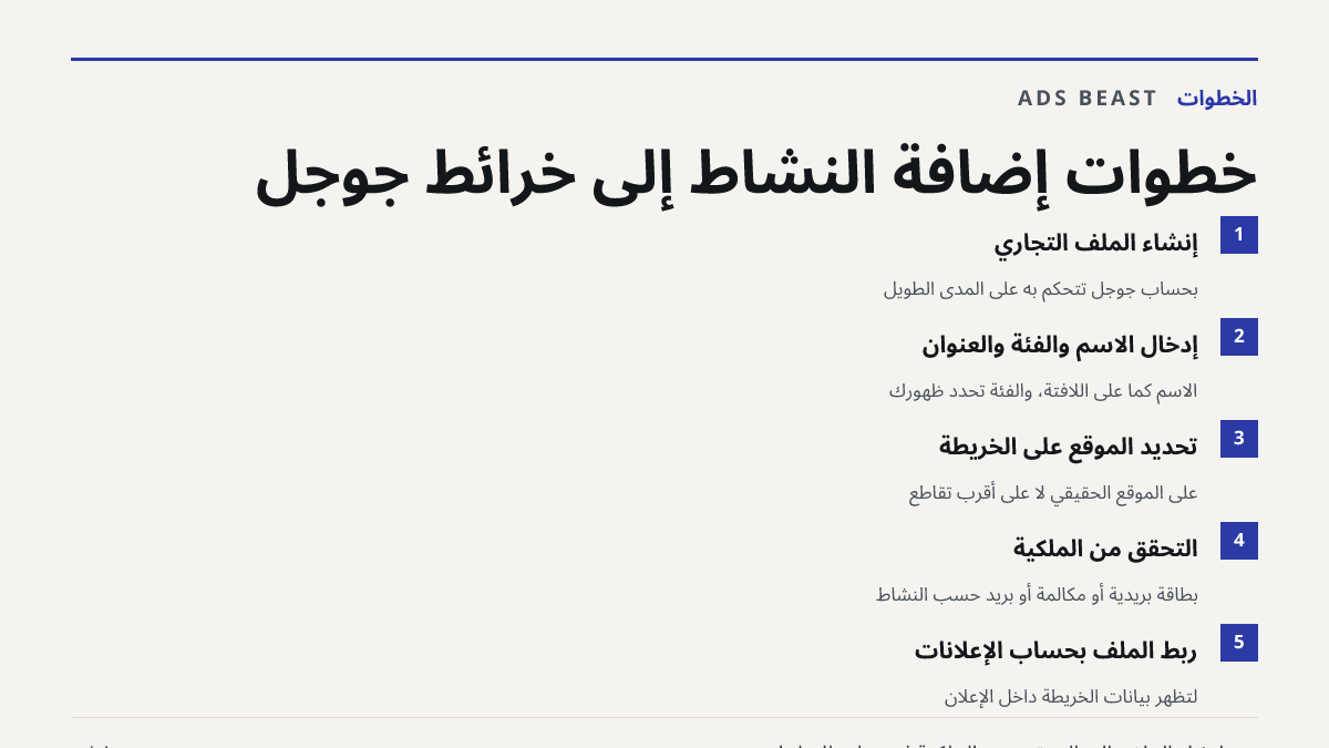 خطوات إضافة النشاط إلى خرائط جوجل. إنشاء الملف التجاري: بحساب جوجل تتحكم به على المدى الطويل; إدخال الاسم والفئة والعنوان: الاسم كما على اللافتة، والفئة تحدد ظهورك; تحديد الموقع على الخريطة: على الموقع الحقيقي لا على أقرب تقاطع; التحقق من الملكية: بطاقة بريدية أو مكالمة أو بريد حسب النشاط; ربط الملف