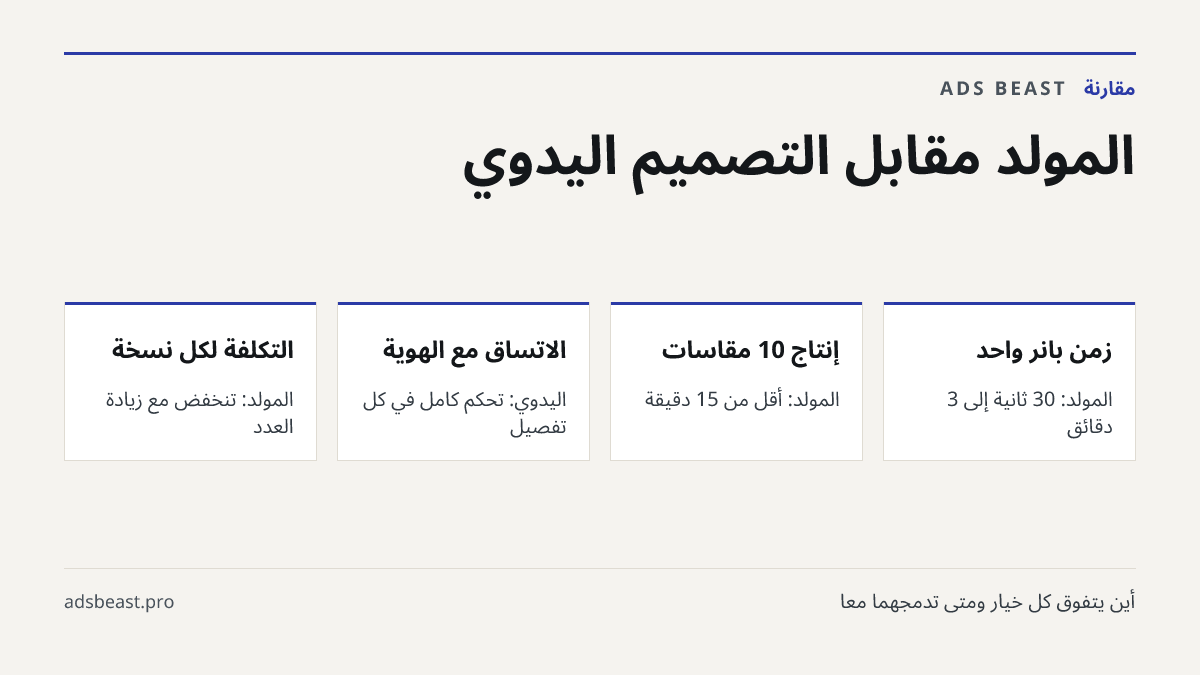 المولّد مقابل التصميم اليدوي. زمن بانر واحد: المولّد: 30 ثانية إلى 3 دقائق; إنتاج 10 مقاسات: المولّد: أقل من 15 دقيقة; الاتساق مع الهوية: اليدوي: تحكم كامل في كل تفصيل; التكلفة لكل نسخة: المولّد: تنخفض مع زيادة العدد; الأنسب لـ: المولّد للاختبار، اليدوي للإطلاقات