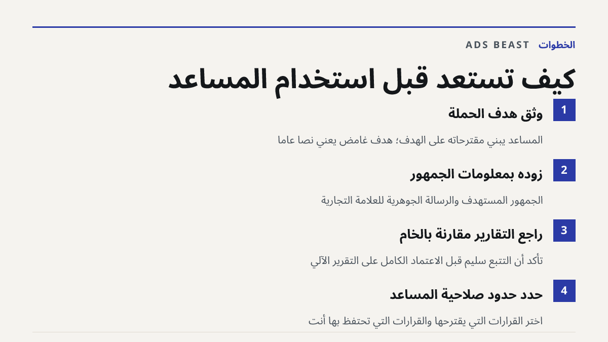 كيف تستعد قبل استخدام المساعد. وثّق هدف الحملة: المساعد يبني مقترحاته على الهدف؛ هدف غامض يعني نصاً عاماً; زوّده بمعلومات الجمهور: الجمهور المستهدف والرسالة الجوهرية للعلامة التجارية; راجع التقارير مقارنةً بالخام: تأكد أن التتبع سليم قبل الاعتماد الكامل على التقرير الآلي; حدّد حدود صلاحية المساعد: ا