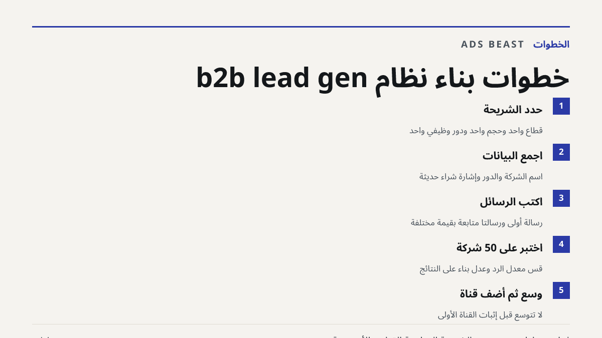 خطوات بناء نظام b2b lead gen. حدد الشريحة: قطاع واحد وحجم واحد ودور وظيفي واحد; اجمع البيانات: اسم الشركة والدور وإشارة شراء حديثة; اكتب الرسائل: رسالة أولى ورسالتا متابعة بقيمة مختلفة; اختبر على 50 شركة: قِس معدل الرد وعدّل بناءً على النتائج; وسّع ثم أضف قناة: لا تتوسع قبل إثبات القناة الأولى
