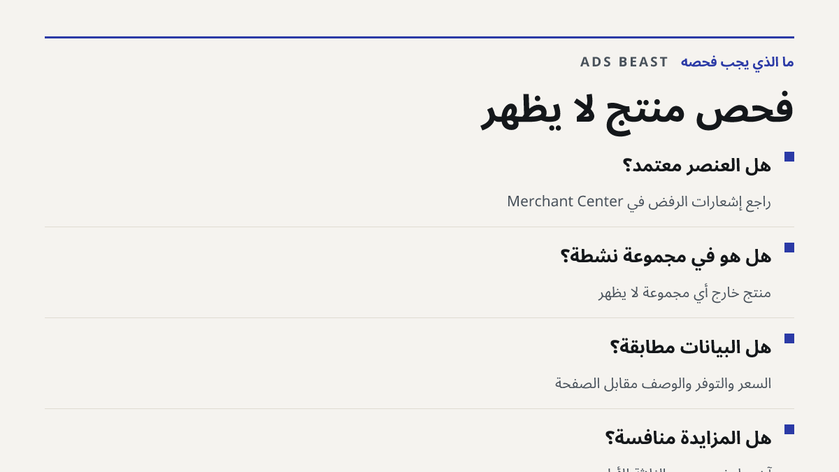 فحص منتج لا يظهر. هل العنصر معتمد؟: راجع إشعارات الرفض في Merchant Center; هل هو في مجموعة نشطة؟: منتج خارج أي مجموعة لا يظهر; هل البيانات مطابقة؟: السعر والتوفر والوصف مقابل الصفحة; هل المزايدة منافسة؟: آخر ما يُفحص بعد الثلاثة الأولى