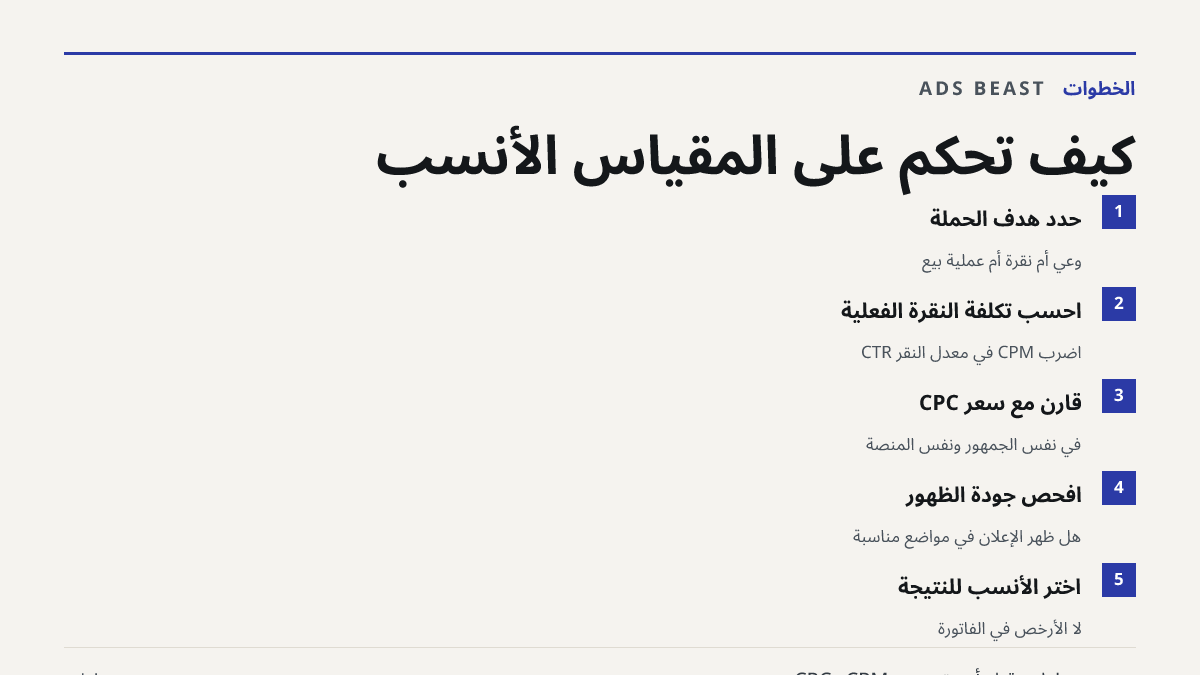 كيف تحكم على المقياس الأنسب. حدد هدف الحملة: وعي أم نقرة أم عملية بيع; احسب تكلفة النقرة الفعلية: اضرب CPM في معدل النقر CTR; قارن مع سعر CPC: في نفس الجمهور ونفس المنصة; افحص جودة الظهور: هل ظهر الإعلان في مواضع مناسبة; اختر الأنسب للنتيجة: لا الأرخص في الفاتورة