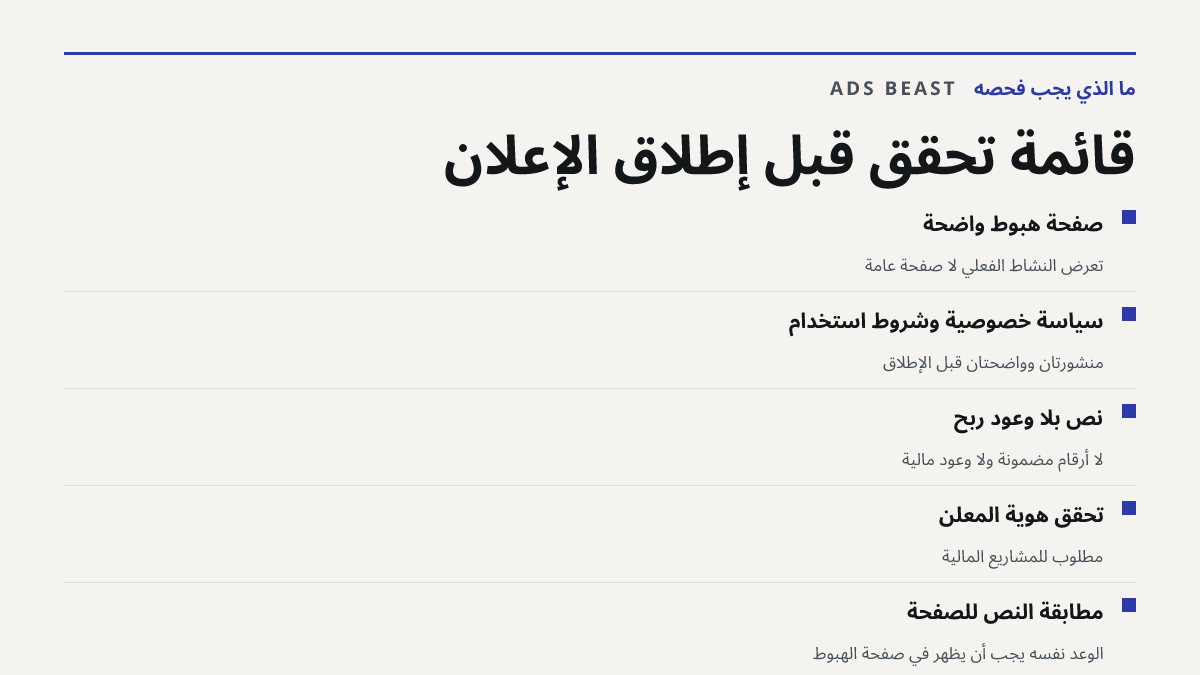 قائمة تحقق قبل إطلاق الإعلان. صفحة هبوط واضحة: تعرض النشاط الفعلي لا صفحة عامة; سياسة خصوصية وشروط استخدام: منشورتان وواضحتان قبل الإطلاق; نص بلا وعود ربح: لا أرقام مضمونة ولا وعود مالية; تحقق هوية المعلن: مطلوب للمشاريع المالية; مطابقة النص للصفحة: الوعد نفسه يجب أن يظهر في صفحة الهبوط