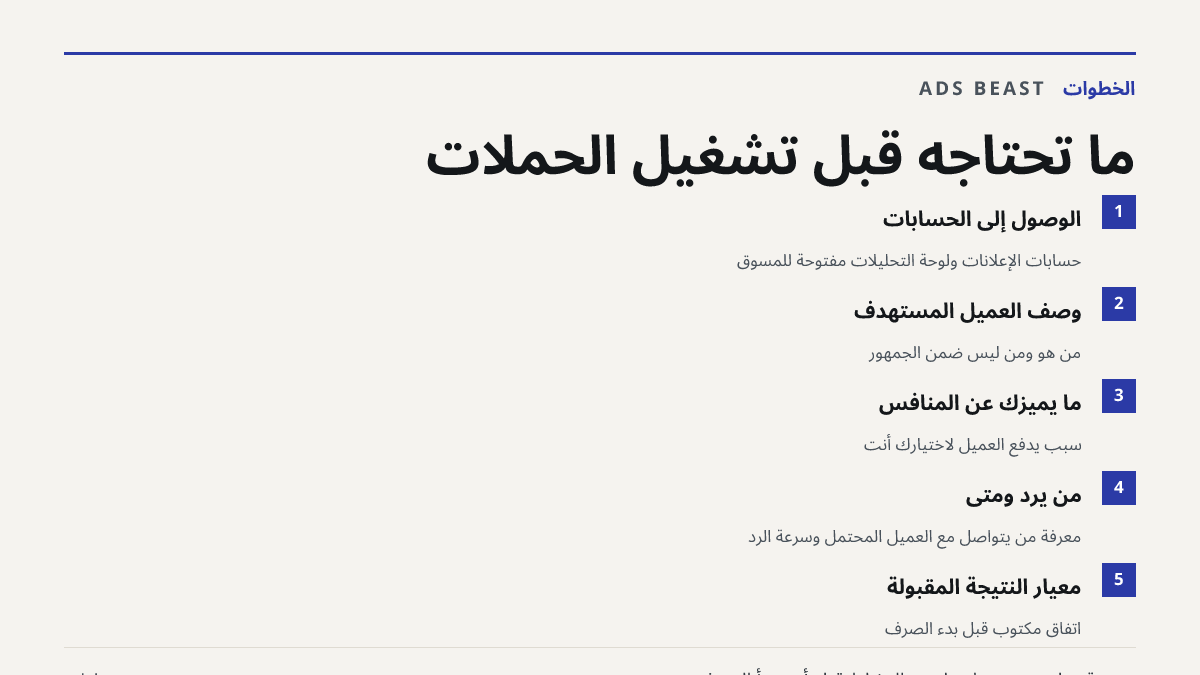 ما تحتاجه قبل تشغيل الحملات. الوصول إلى الحسابات: حسابات الإعلانات ولوحة التحليلات مفتوحة للمسوّق; وصف العميل المستهدف: من هو ومن ليس ضمن الجمهور; ما يميزك عن المنافس: سبب يدفع العميل لاختيارك أنت; من يرد ومتى: معرفة من يتواصل مع العميل المحتمل وسرعة الرد; معيار النتيجة المقبولة: اتفاق مكتوب قبل بدء