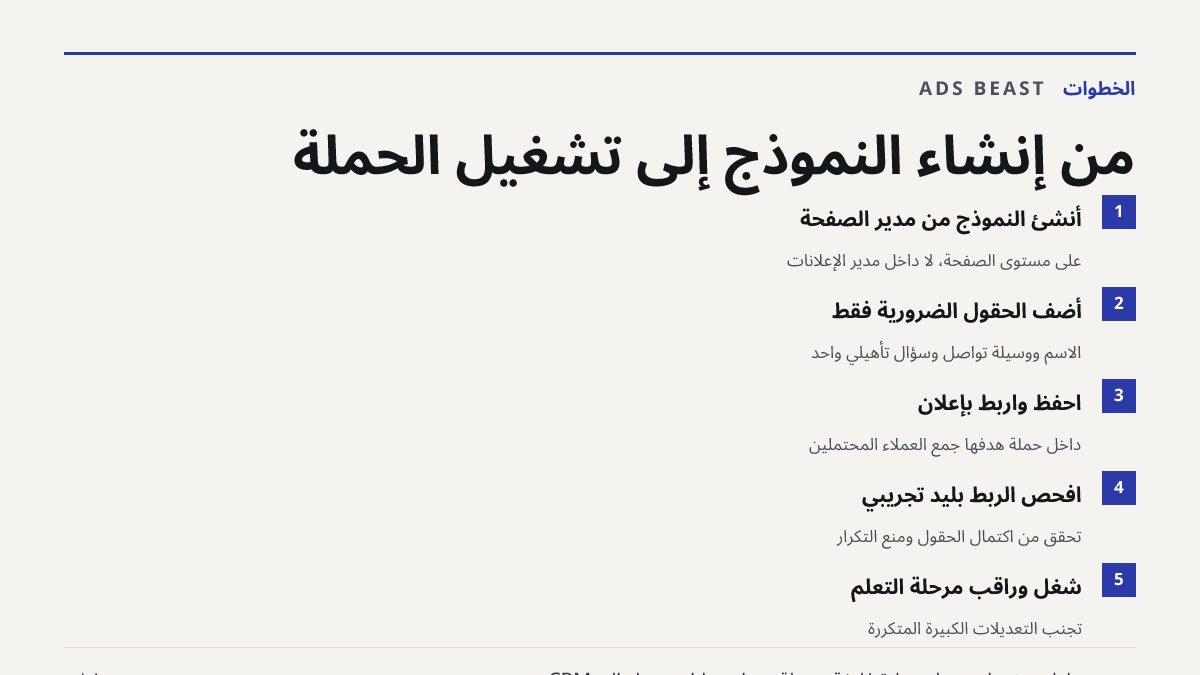 من إنشاء النموذج إلى تشغيل الحملة. أنشئ النموذج من مدير الصفحة: على مستوى الصفحة، لا داخل مدير الإعلانات; أضف الحقول الضرورية فقط: الاسم ووسيلة تواصل وسؤال تأهيلي واحد; احفظ واربط بإعلان: داخل حملة هدفها جمع العملاء المحتملين; افحص الربط بليد تجريبي: تحقق من اكتمال الحقول ومنع التكرار; شغّل وراقب مر