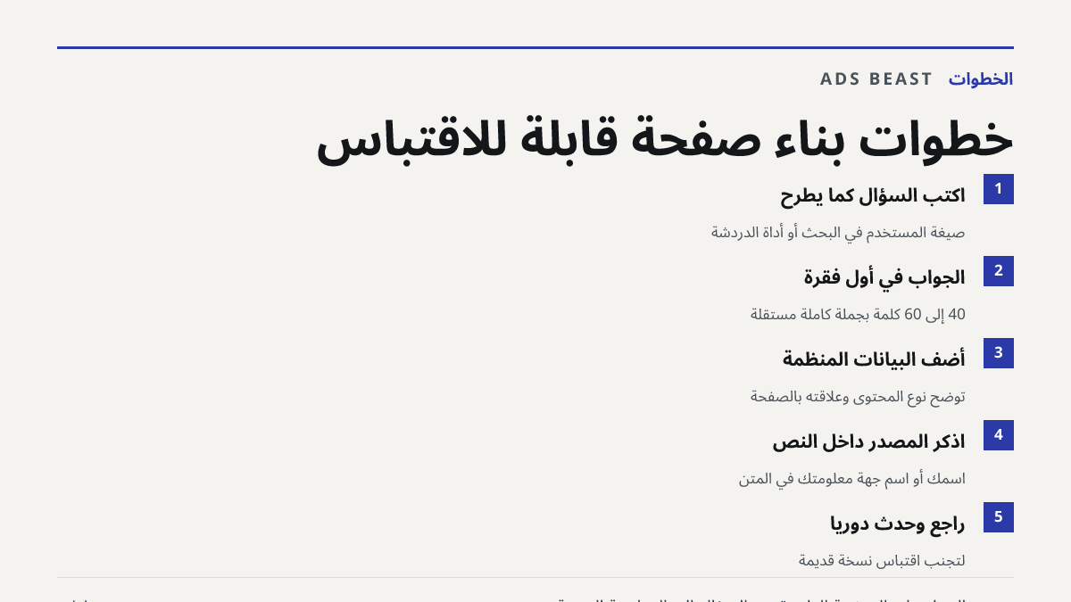 خطوات بناء صفحة قابلة للاقتباس. اكتب السؤال كما يُطرح: صيغة المستخدم في البحث أو أداة الدردشة; الجواب في أول فقرة: 40 إلى 60 كلمة بجملة كاملة مستقلة; أضف البيانات المنظمة: توضح نوع المحتوى وعلاقته بالصفحة; اذكر المصدر داخل النص: اسمك أو اسم جهة معلومتك في المتن; راجع وحدّث دورياً: لتجنب اقتباس نسخة 