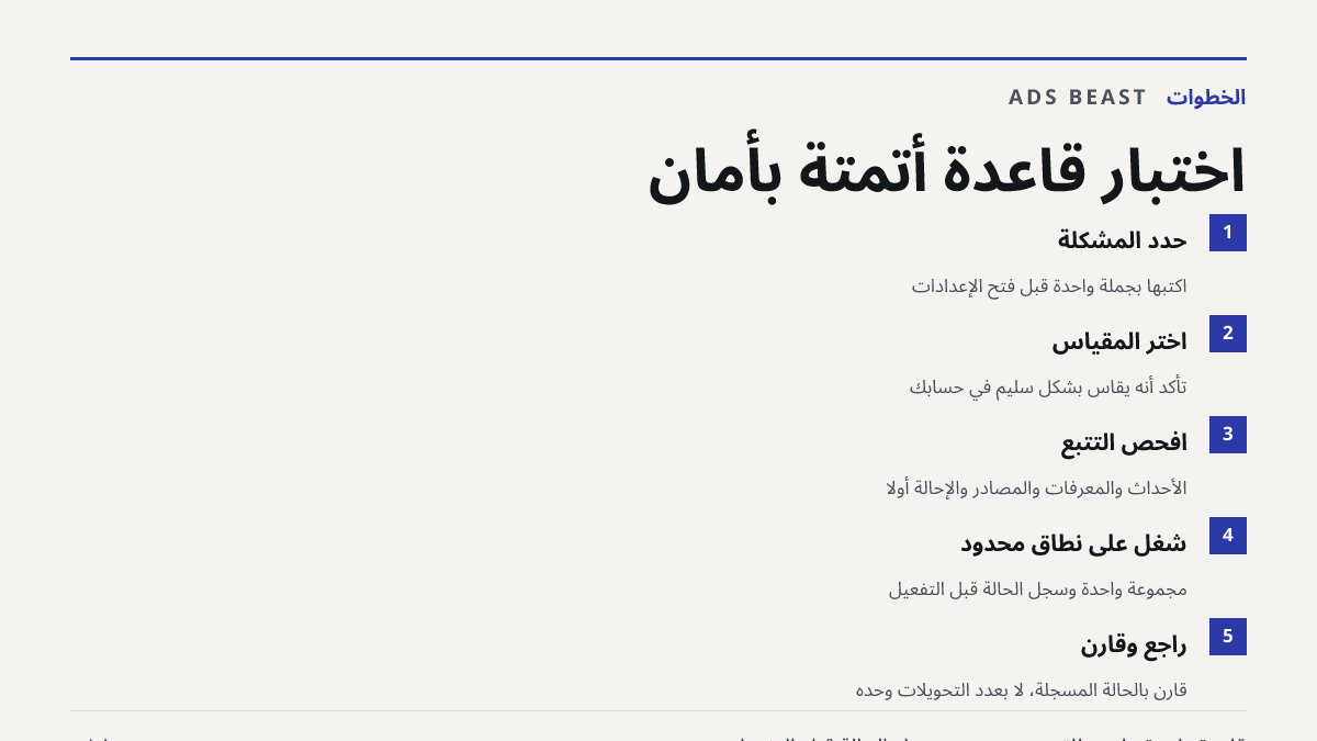اختبار قاعدة أتمتة بأمان. حدد المشكلة: اكتبها بجملة واحدة قبل فتح الإعدادات; اختر المقياس: تأكد أنه يُقاس بشكل سليم في حسابك; افحص التتبع: الأحداث والمعرّفات والمصادر والإحالة أولًا; شغّل على نطاق محدود: مجموعة واحدة وسجّل الحالة قبل التفعيل; راجع وقارن: قارن بالحالة المسجلة، لا بعدد التحويلات وحده