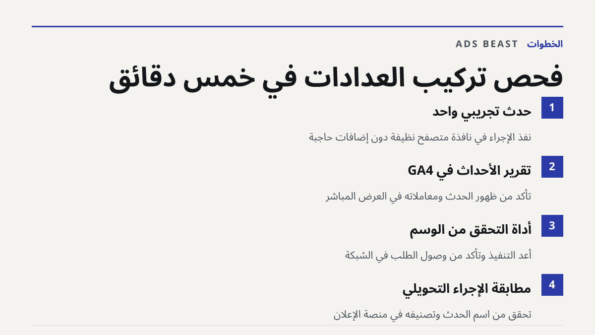فحص تركيب العدادات في خمس دقائق. حدث تجريبي واحد: نفّذ الإجراء في نافذة متصفح نظيفة دون إضافات حاجبة; تقرير الأحداث في GA4: تأكد من ظهور الحدث ومعاملاته في العرض المباشر; أداة التحقق من الوسم: أعد التنفيذ وتأكد من وصول الطلب في الشبكة; مطابقة الإجراء التحويلي: تحقق من اسم الحدث وتصنيفه في منصة الإعل