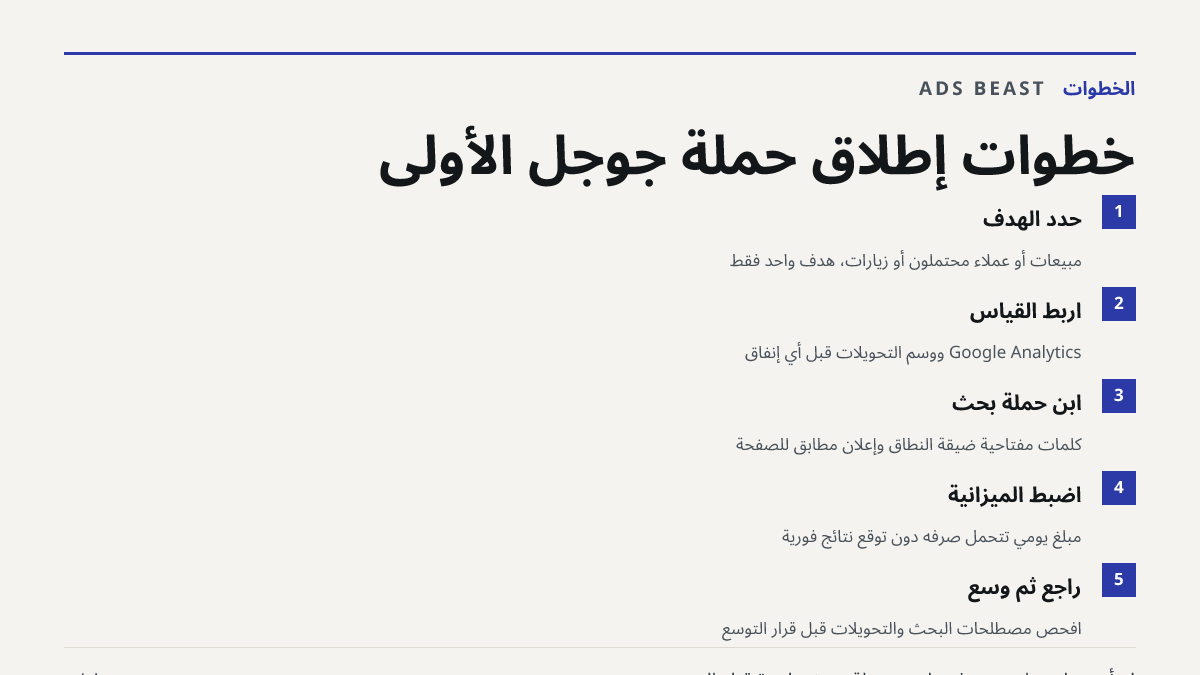 خطوات إطلاق حملة جوجل الأولى. حدد الهدف: مبيعات أو عملاء محتملون أو زيارات، هدف واحد فقط; اربط القياس: Google Analytics ووسم التحويلات قبل أي إنفاق; ابنِ حملة بحث: كلمات مفتاحية ضيقة النطاق وإعلان مطابق للصفحة; اضبط الميزانية: مبلغ يومي تتحمل صرفه دون توقع نتائج فورية; راجع ثم وسّع: افحص مصطلحات الب