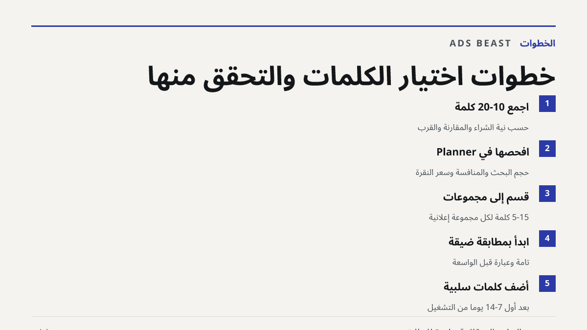 خطوات اختيار الكلمات والتحقق منها. اجمع 10-20 كلمة: حسب نية الشراء والمقارنة والقرب; افحصها في Planner: حجم البحث والمنافسة وسعر النقرة; قسّم إلى مجموعات: 5-15 كلمة لكل مجموعة إعلانية; ابدأ بمطابقة ضيقة: تامة وعبارة قبل الواسعة; أضف كلمات سلبية: بعد أول 7-14 يوماً من التشغيل