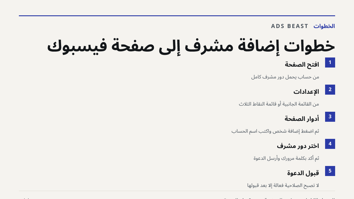 خطوات إضافة مشرف إلى صفحة فيسبوك. افتح الصفحة: من حساب يحمل دور مشرف كامل; الإعدادات: من القائمة الجانبية أو قائمة النقاط الثلاث; أدوار الصفحة: ثم اضغط إضافة شخص واكتب اسم الحساب; اختر دور مشرف: ثم أكّد بكلمة مرورك وأرسل الدعوة; قبول الدعوة: لا تصبح الصلاحية فعّالة إلا بعد قبولها