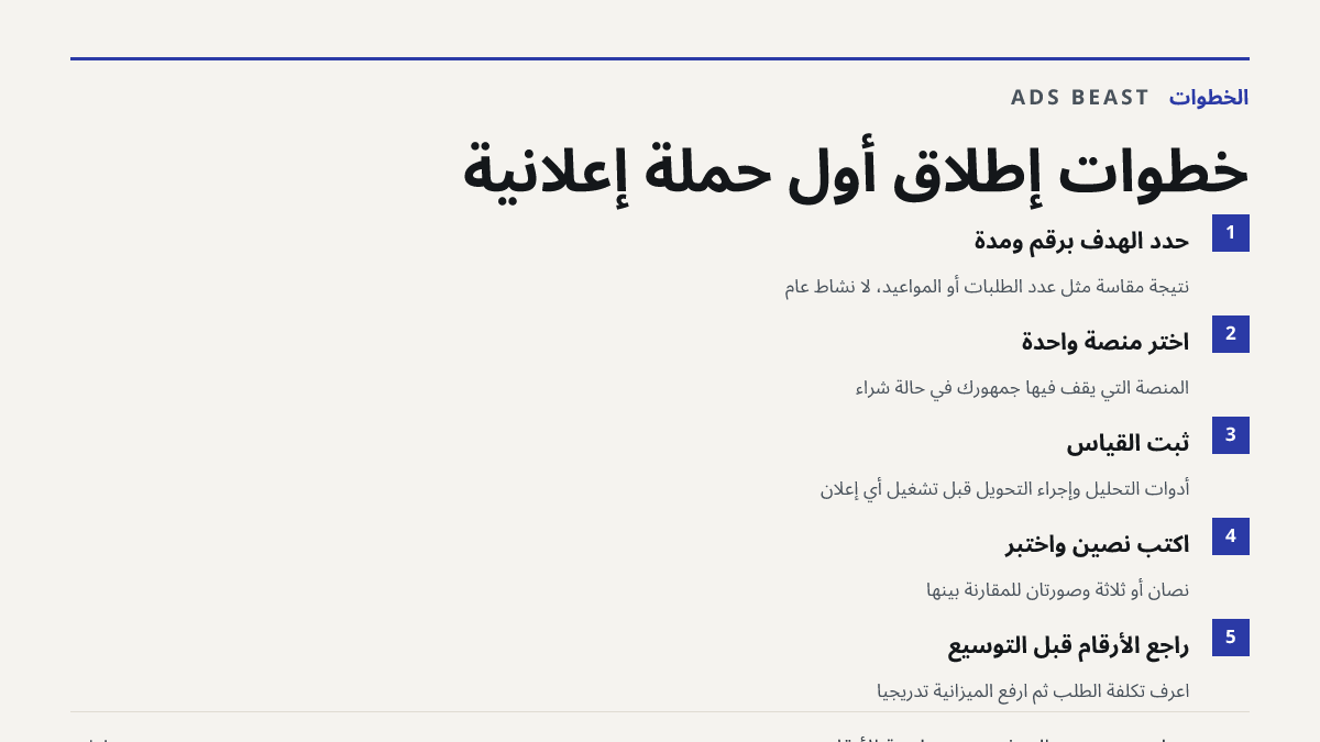 خطوات إطلاق أول حملة إعلانية. حدد الهدف برقم ومدة: نتيجة مقاسة مثل عدد الطلبات أو المواعيد، لا نشاط عام; اختر منصة واحدة: المنصة التي يقف فيها جمهورك في حالة شراء; ثبّت القياس: أدوات التحليل وإجراء التحويل قبل تشغيل أي إعلان; اكتب نصين واختبر: نصان أو ثلاثة وصورتان للمقارنة بينها; راجع الأرقام قبل ا