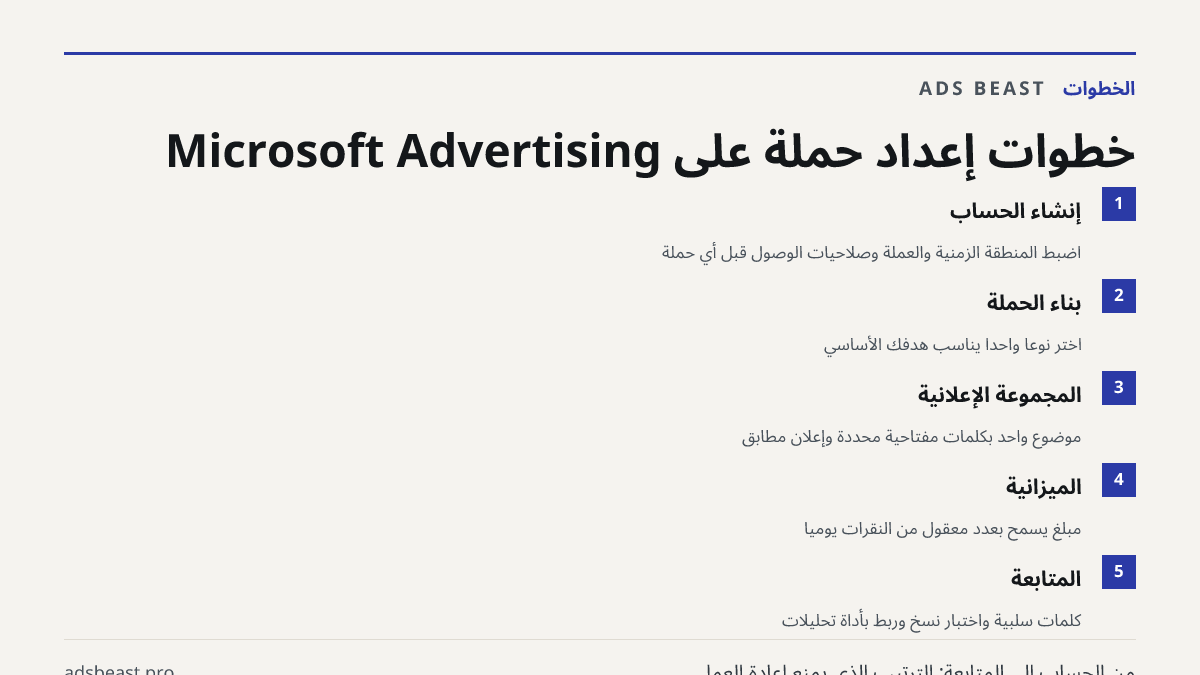 خطوات إعداد حملة على Microsoft Advertising. إنشاء الحساب: اضبط المنطقة الزمنية والعملة وصلاحيات الوصول قبل أي حملة; بناء الحملة: اختر نوعًا واحدًا يناسب هدفك الأساسي; المجموعة الإعلانية: موضوع واحد بكلمات مفتاحية محددة وإعلان مطابق; الميزانية: مبلغ يسمح بعدد معقول من النقرات يوميًا; المتابعة: كلمات 
