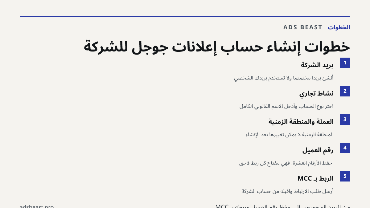 خطوات إنشاء حساب إعلانات جوجل للشركة. بريد الشركة: أنشئ بريداً مخصصاً ولا تستخدم بريدك الشخصي; نشاط تجاري: اختر نوع الحساب وأدخل الاسم القانوني الكامل; العملة والمنطقة الزمنية: المنطقة الزمنية لا يمكن تغييرها بعد الإنشاء; رقم العميل: احفظ الأرقام العشرة، فهي مفتاح كل ربط لاحق; الربط بـ MCC: أرسل طلب