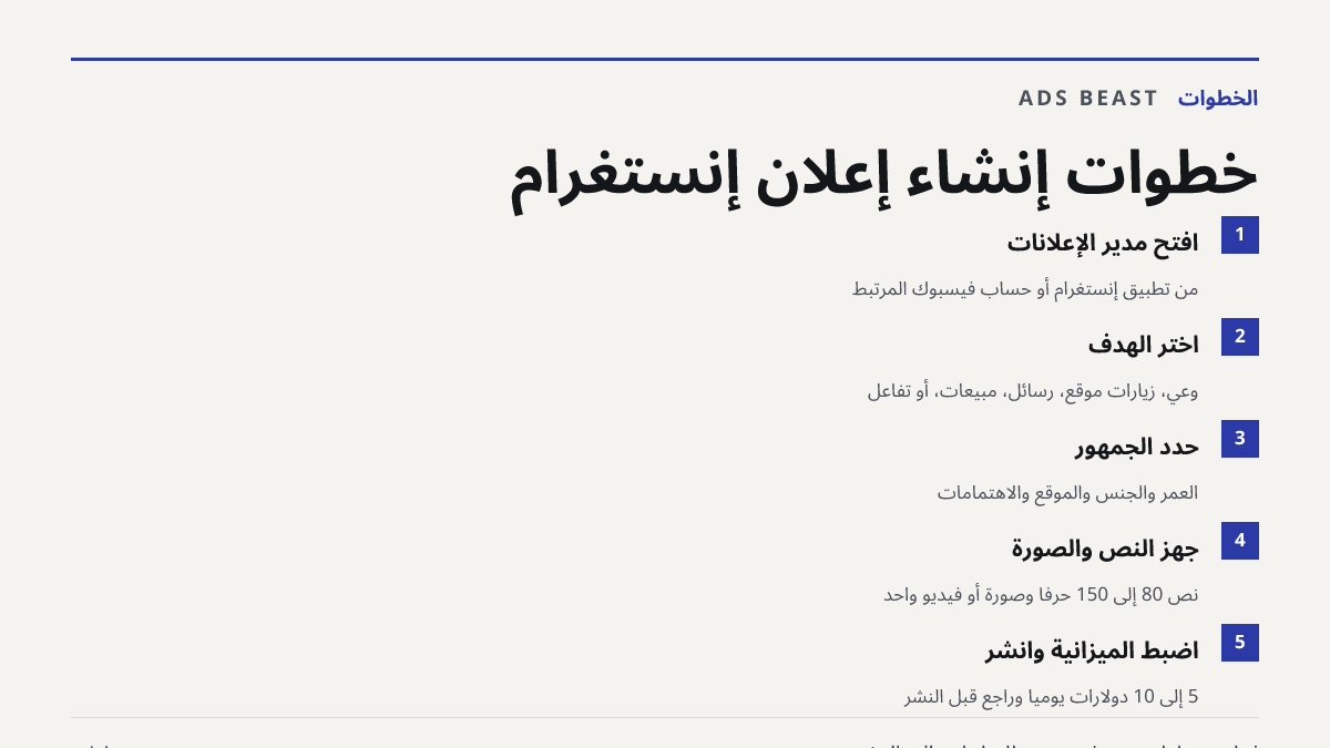 خطوات إنشاء إعلان إنستغرام. افتح مدير الإعلانات: من تطبيق إنستغرام أو حساب فيسبوك المرتبط; اختر الهدف: وعي، زيارات موقع، رسائل، مبيعات، أو تفاعل; حدد الجمهور: العمر والجنس والموقع والاهتمامات; جهّز النص والصورة: نص 80 إلى 150 حرفًا وصورة أو فيديو واحد; اضبط الميزانية وانشر: 5 إلى 10 دولارات يوميًا و