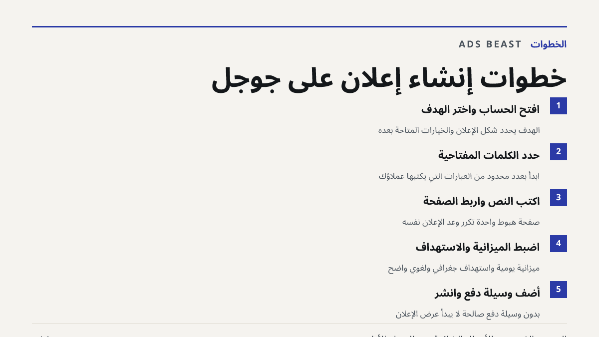 خطوات إنشاء إعلان على جوجل. افتح الحساب واختر الهدف: الهدف يحدد شكل الإعلان والخيارات المتاحة بعده; حدد الكلمات المفتاحية: ابدأ بعدد محدود من العبارات التي يكتبها عملاؤك; اكتب النص واربط الصفحة: صفحة هبوط واحدة تكرر وعد الإعلان نفسه; اضبط الميزانية والاستهداف: ميزانية يومية واستهداف جغرافي ولغوي واض