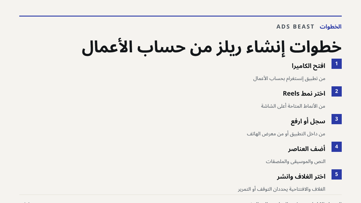 خطوات إنشاء ريلز من حساب الأعمال. افتح الكاميرا: من تطبيق إنستغرام بحساب الأعمال; اختر نمط Reels: من الأنماط المتاحة أعلى الشاشة; سجّل أو ارفع: من داخل التطبيق أو من معرض الهاتف; أضف العناصر: النص والموسيقى والملصقات; اختر الغلاف وانشر: الغلاف والافتتاحية يحددان التوقف أو التمرير
