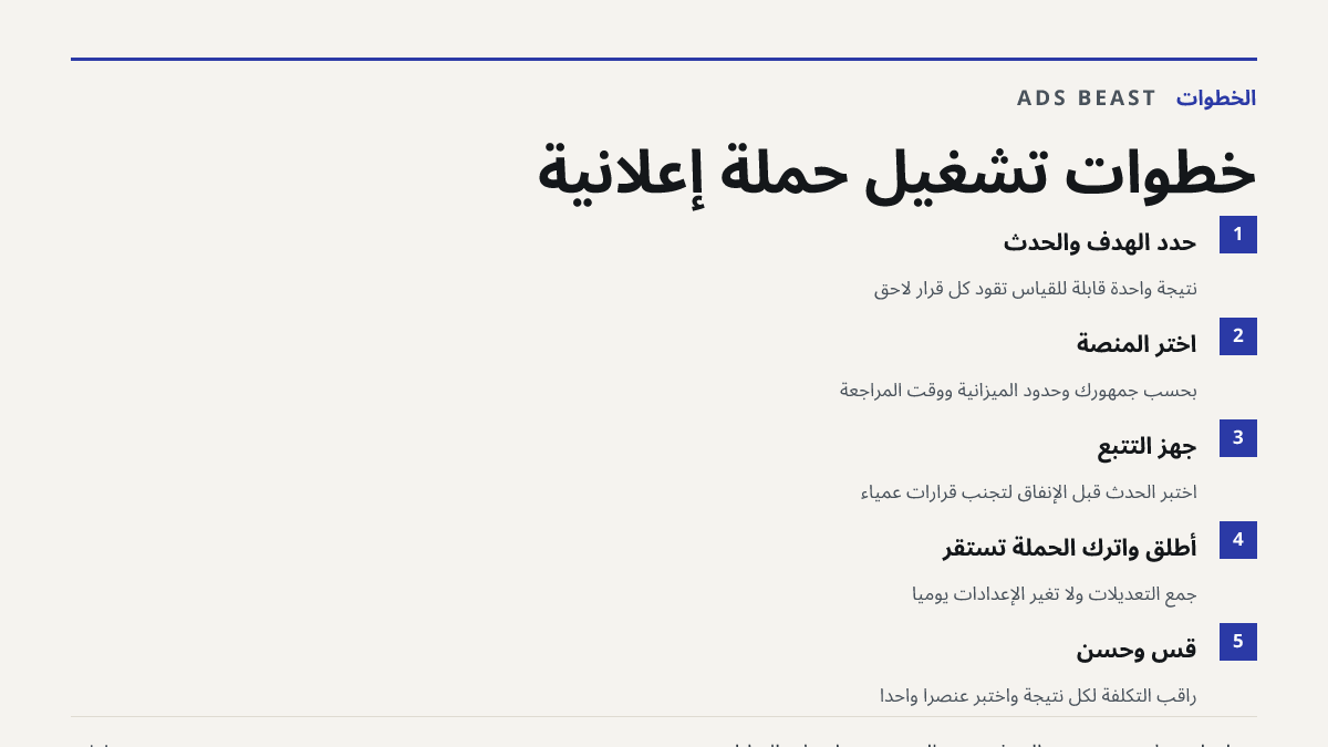 خطوات تشغيل حملة إعلانية. حدد الهدف والحدث: نتيجة واحدة قابلة للقياس تقود كل قرار لاحق; اختر المنصة: بحسب جمهورك وحدود الميزانية ووقت المراجعة; جهّز التتبع: اختبر الحدث قبل الإنفاق لتجنب قرارات عمياء; أطلق واترك الحملة تستقر: جمّع التعديلات ولا تغيّر الإعدادات يومياً; قِس وحسّن: راقب التكلفة لكل نتي