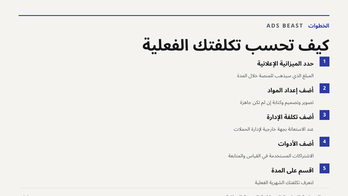 كيف تحسب تكلفتك الفعلية. حدد الميزانية الإعلانية: المبلغ الذي سيذهب للمنصة خلال المدة; أضف إعداد المواد: تصوير وتصميم وكتابة إن لم تكن جاهزة; أضف تكلفة الإدارة: عند الاستعانة بجهة خارجية لإدارة الحملات; أضف الأدوات: الاشتراكات المستخدمة في القياس والمتابعة; اقسم على المدة: لتعرف تكلفتك الشهرية الفعل