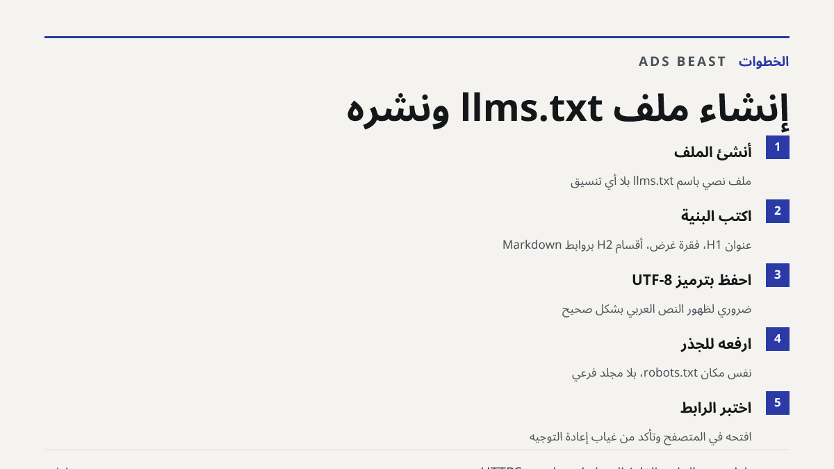إنشاء ملف llms.txt ونشره. أنشئ الملف: ملف نصي باسم llms.txt بلا أي تنسيق; اكتب البنية: عنوان H1، فقرة غرض، أقسام H2 بروابط Markdown; احفظ بترميز UTF-8: ضروري لظهور النص العربي بشكل صحيح; ارفعه للجذر: نفس مكان robots.txt، بلا مجلد فرعي; اختبر الرابط: افتحه في المتصفح وتأكد من غياب إعادة التوجيه