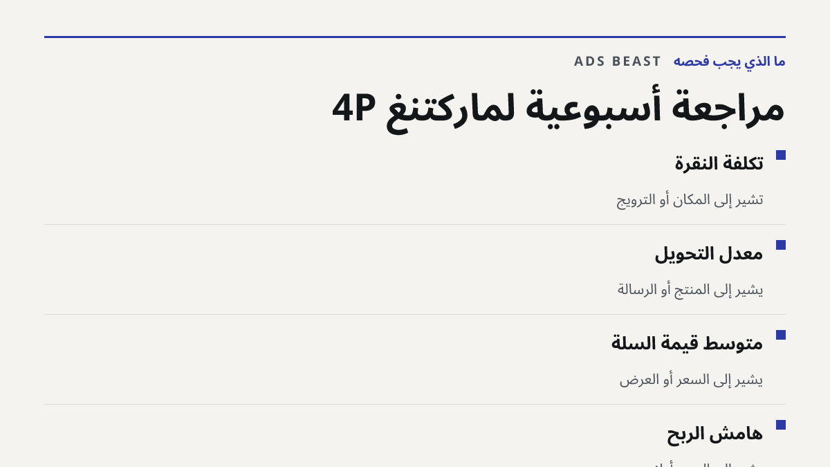 مراجعة أسبوعية لماركتنغ 4P. تكلفة النقرة: تشير إلى المكان أو الترويج; معدل التحويل: يشير إلى المنتج أو الرسالة; متوسط قيمة السلة: يشير إلى السعر أو العرض; هامش الربح: يشير إلى السعر أولاً