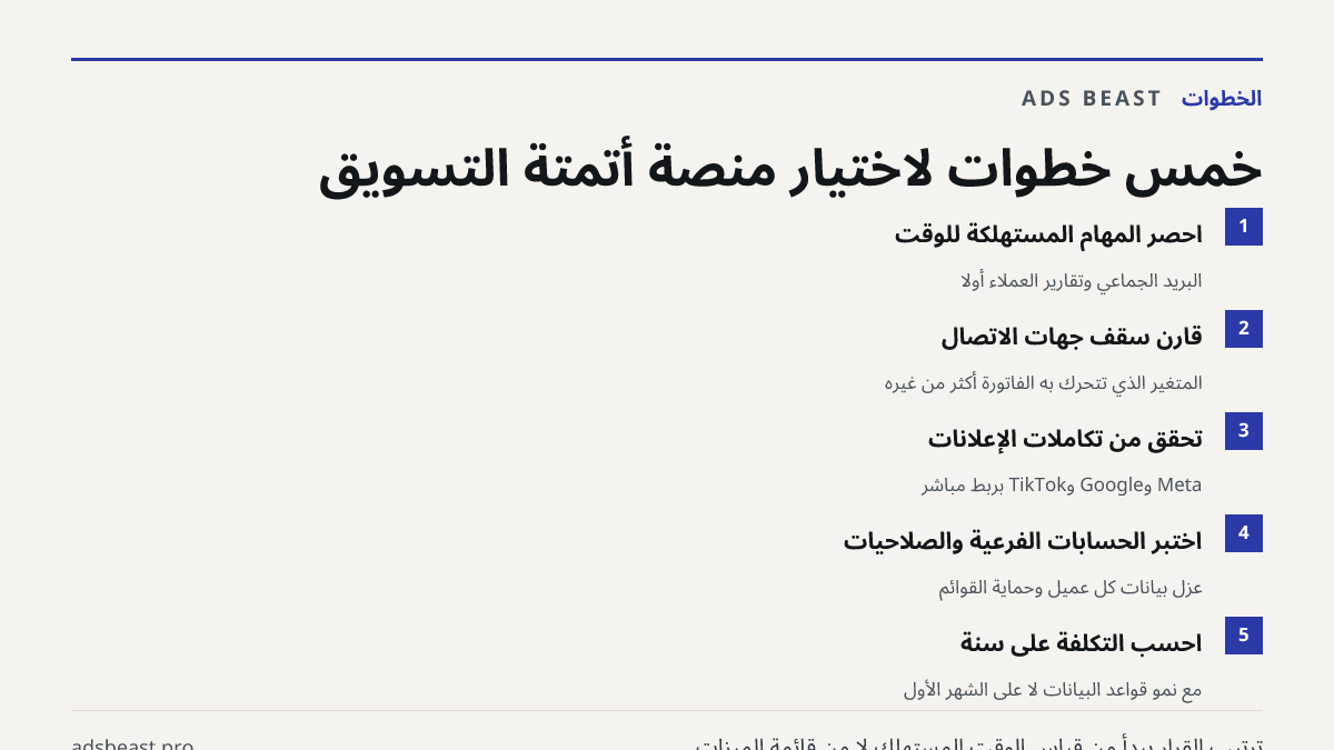 خمس خطوات لاختيار منصة أتمتة التسويق. احصر المهام المستهلكة للوقت: البريد الجماعي وتقارير العملاء أولاً; قارن سقف جهات الاتصال: المتغير الذي تتحرك به الفاتورة أكثر من غيره; تحقق من تكاملات الإعلانات: Meta وGoogle وTikTok بربط مباشر; اختبر الحسابات الفرعية والصلاحيات: عزل بيانات كل عميل وحماية القوائ