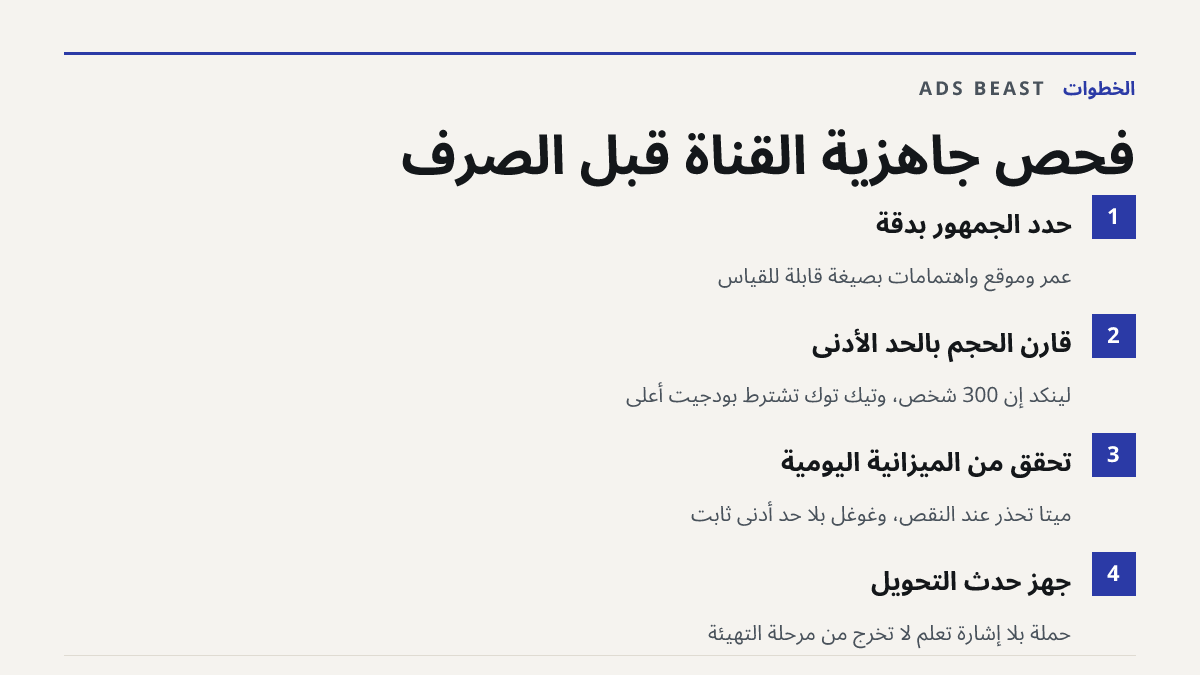 فحص جاهزية القناة قبل الصرف. حدّد الجمهور بدقة: عمر وموقع واهتمامات بصيغة قابلة للقياس; قارن الحجم بالحد الأدنى: لينكد إن 300 شخص، وتيك توك تشترط بودجيت أعلى; تحقق من الميزانية اليومية: ميتا تحذّر عند النقص، وغوغل بلا حد أدنى ثابت; جهّز حدث التحويل: حملة بلا إشارة تعلُّم لا تخرج من مرحلة التهيئة
