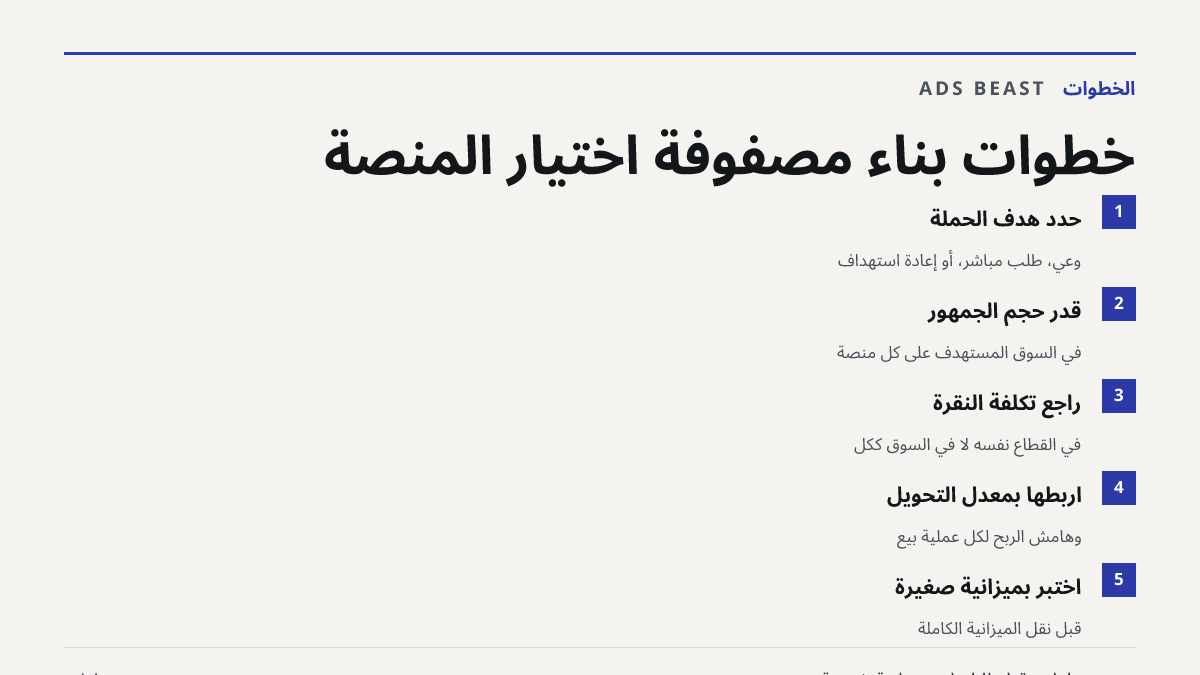 خطوات بناء مصفوفة اختيار المنصة. حدد هدف الحملة: وعي، طلب مباشر، أو إعادة استهداف; قدر حجم الجمهور: في السوق المستهدف على كل منصة; راجع تكلفة النقرة: في القطاع نفسه لا في السوق ككل; اربطها بمعدل التحويل: وهامش الربح لكل عملية بيع; اختبر بميزانية صغيرة: قبل نقل الميزانية الكاملة