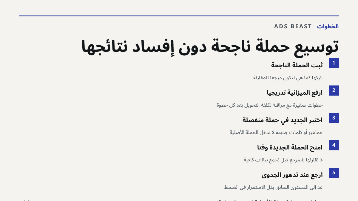 توسيع حملة ناجحة دون إفساد نتائجها. ثبّت الحملة الناجحة: اتركها كما هي لتكون مرجعًا للمقارنة; ارفع الميزانية تدريجيًا: خطوات صغيرة مع مراقبة تكلفة التحويل بعد كل خطوة; اختبر الجديد في حملة منفصلة: جماهير أو كلمات جديدة لا تدخل الحملة الأصلية; امنح الحملة الجديدة وقتًا: لا تقارنها بالمرجع قبل تجمّع ب