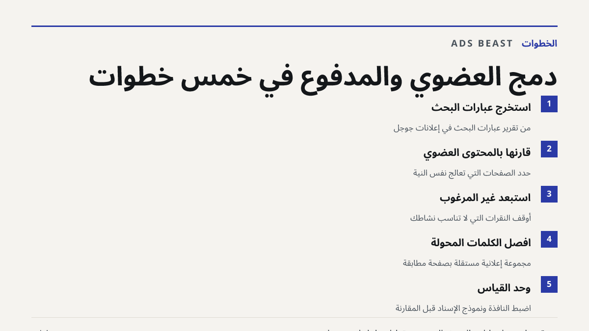دمج العضوي والمدفوع في خمس خطوات. استخرج عبارات البحث: من تقرير عبارات البحث في إعلانات جوجل; قارنها بالمحتوى العضوي: حدد الصفحات التي تعالج نفس النية; استبعد غير المرغوب: أوقف النقرات التي لا تناسب نشاطك; افصل الكلمات المحوّلة: مجموعة إعلانية مستقلة بصفحة مطابقة; وحّد القياس: اضبط النافذة ونموذج ال