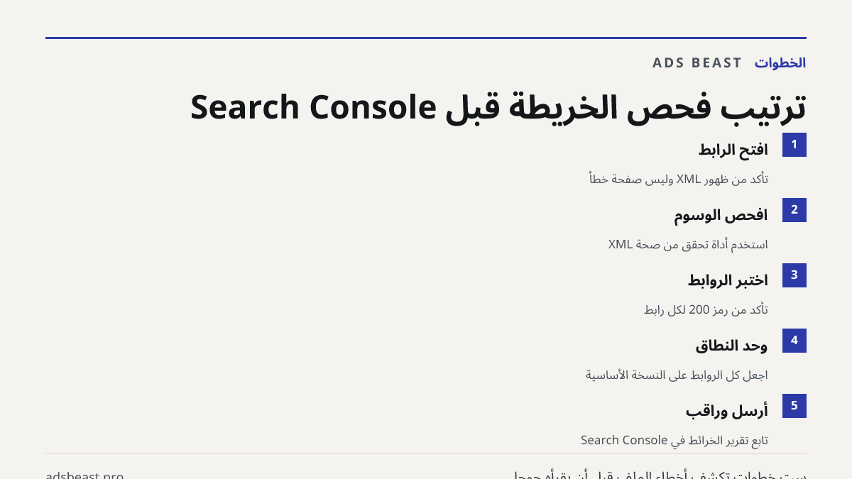 ترتيب فحص الخريطة قبل Search Console. افتح الرابط: تأكد من ظهور XML وليس صفحة خطأ; افحص الوسوم: استخدم أداة تحقق من صحة XML; اختبر الروابط: تأكد من رمز 200 لكل رابط; وحّد النطاق: اجعل كل الروابط على النسخة الأساسية; أرسل وراقب: تابع تقرير الخرائط في Search Console