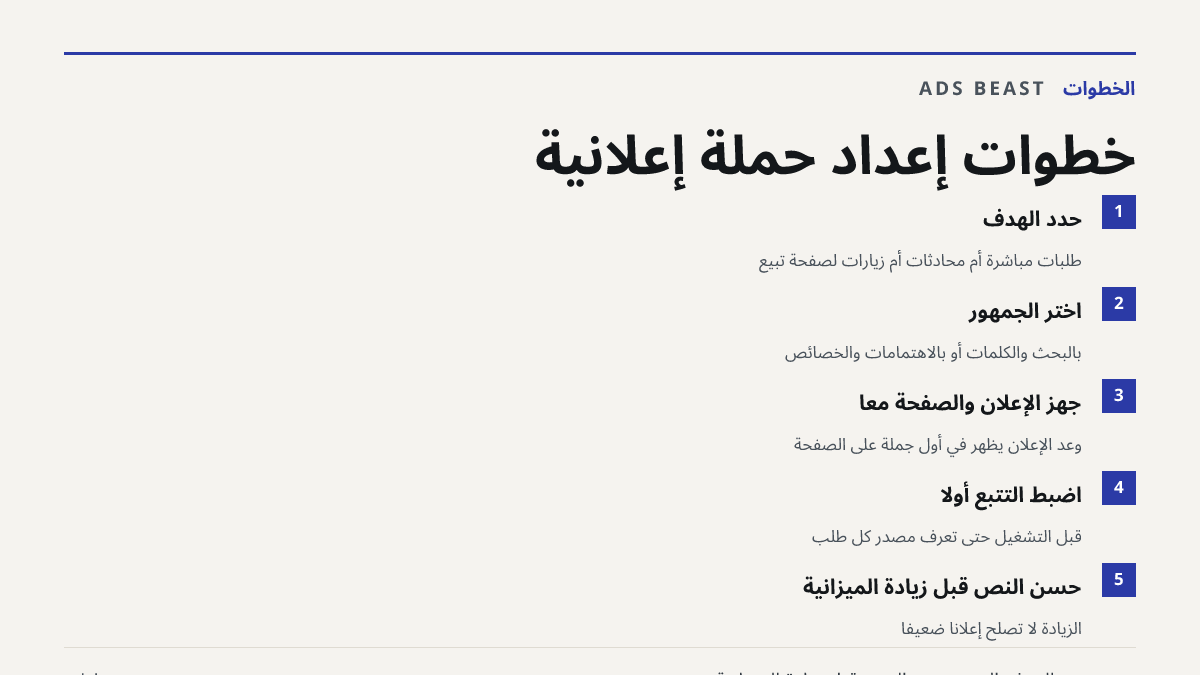 خطوات إعداد حملة إعلانية. حدّد الهدف: طلبات مباشرة أم محادثات أم زيارات لصفحة تبيع; اختر الجمهور: بالبحث والكلمات أو بالاهتمامات والخصائص; جهّز الإعلان والصفحة معًا: وعد الإعلان يظهر في أول جملة على الصفحة; اضبط التتبع أولًا: قبل التشغيل حتى تعرف مصدر كل طلب; حسّن النص قبل زيادة الميزانية: الزيادة ل