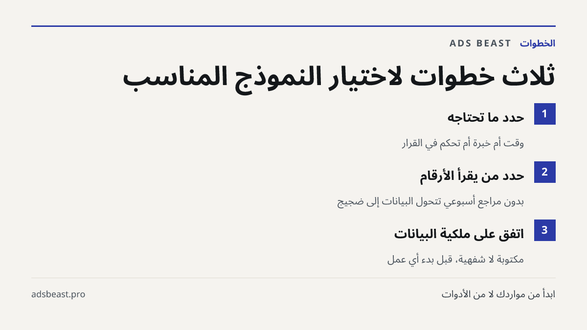 ثلاث خطوات لاختيار النموذج المناسب. حدّد ما تحتاجه: وقت أم خبرة أم تحكم في القرار; حدّد من يقرأ الأرقام: بدون مراجع أسبوعي تتحول البيانات إلى ضجيج; اتفق على ملكية البيانات: مكتوبة لا شفهية، قبل بدء أي عمل