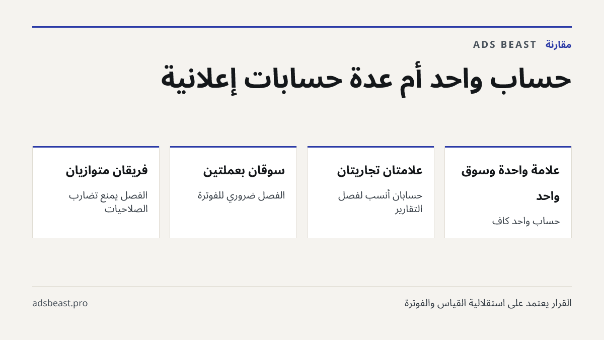 حساب واحد أم عدة حسابات إعلانية. علامة واحدة وسوق واحد: حساب واحد كافٍ; علامتان تجاريتان: حسابان أنسب لفصل التقارير; سوقان بعملتين: الفصل ضروري للفوترة; فريقان متوازيان: الفصل يمنع تضارب الصلاحيات