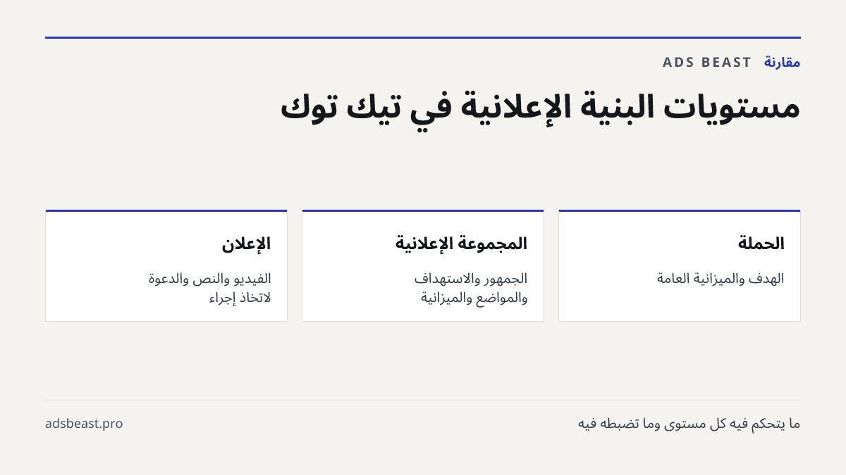 مستويات البنية الإعلانية في تيك توك. الحملة: الهدف والميزانية العامة; المجموعة الإعلانية: الجمهور والاستهداف والمواضع والميزانية; الإعلان: الفيديو والنص والدعوة لاتخاذ إجراء