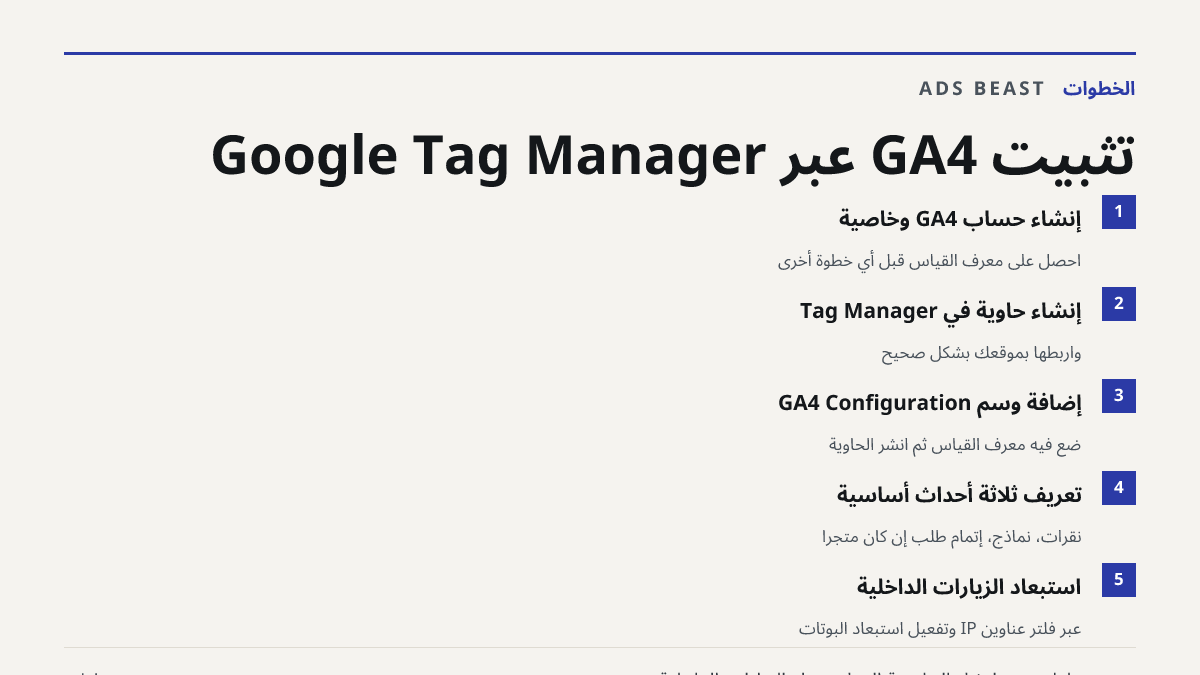تثبيت GA4 عبر Google Tag Manager. إنشاء حساب GA4 وخاصية: احصل على معرّف القياس قبل أي خطوة أخرى; إنشاء حاوية في Tag Manager: واربطها بموقعك بشكل صحيح; إضافة وسم GA4 Configuration: ضع فيه معرّف القياس ثم انشر الحاوية; تعريف ثلاثة أحداث أساسية: نقرات، نماذج، إتمام طلب إن كان متجرًا; استبعاد الزيارات ا