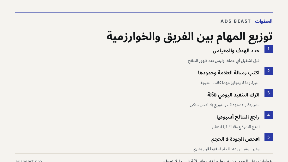 توزيع المهام بين الفريق والخوارزمية. حدّد الهدف والمقياس: قبل تشغيل أي حملة، وليس بعد ظهور النتائج; اكتب رسالة العلامة وحدودها: النبرة وما لا يُتجاوز مهما كانت النتيجة; اترك التنفيذ اليومي للآلة: المزايدة والاستهداف والتوزيع بلا تدخل متكرر; راجع النتائج أسبوعياً: لمنح النموذج وقتاً كافياً للتعلّم; ا
