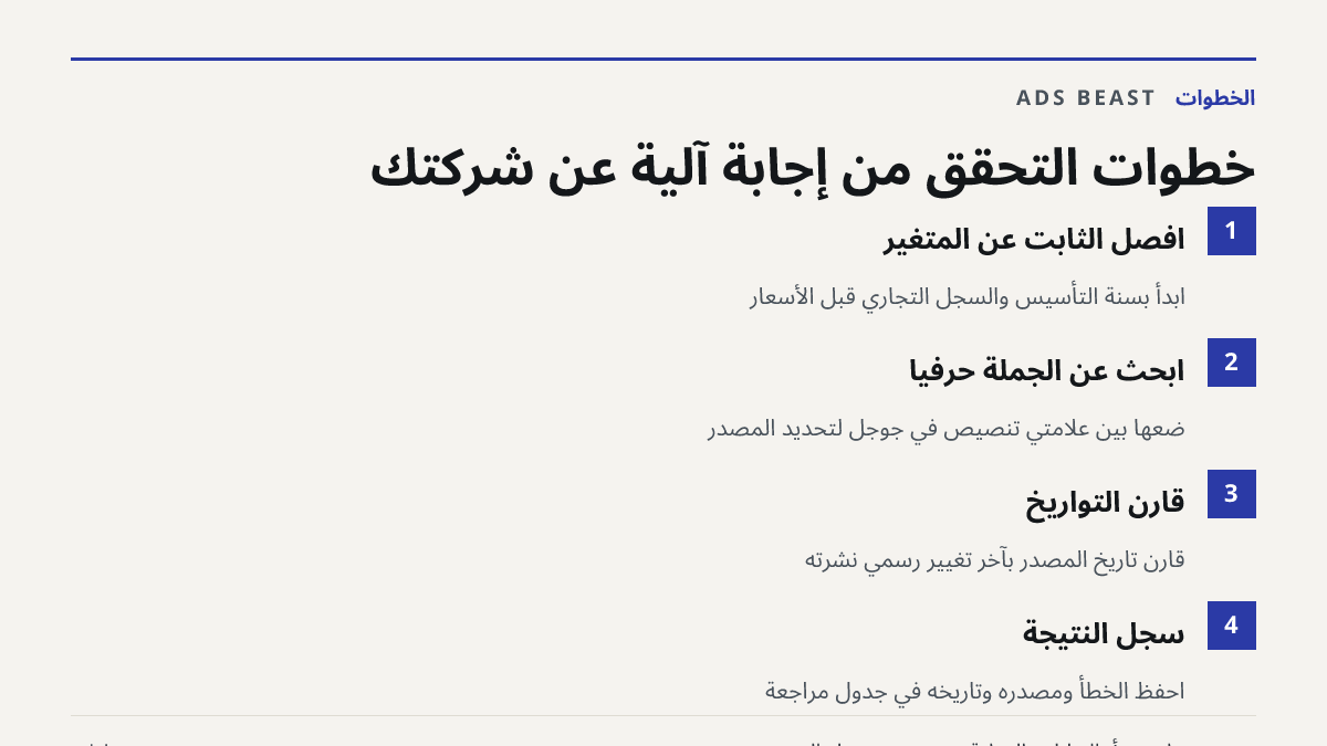 خطوات التحقق من إجابة آلية عن شركتك. افصل الثابت عن المتغير: ابدأ بسنة التأسيس والسجل التجاري قبل الأسعار; ابحث عن الجملة حرفيًا: ضعها بين علامتي تنصيص في جوجل لتحديد المصدر; قارن التواريخ: قارن تاريخ المصدر بآخر تغيير رسمي نشرته; سجّل النتيجة: احفظ الخطأ ومصدره وتاريخه في جدول مراجعة