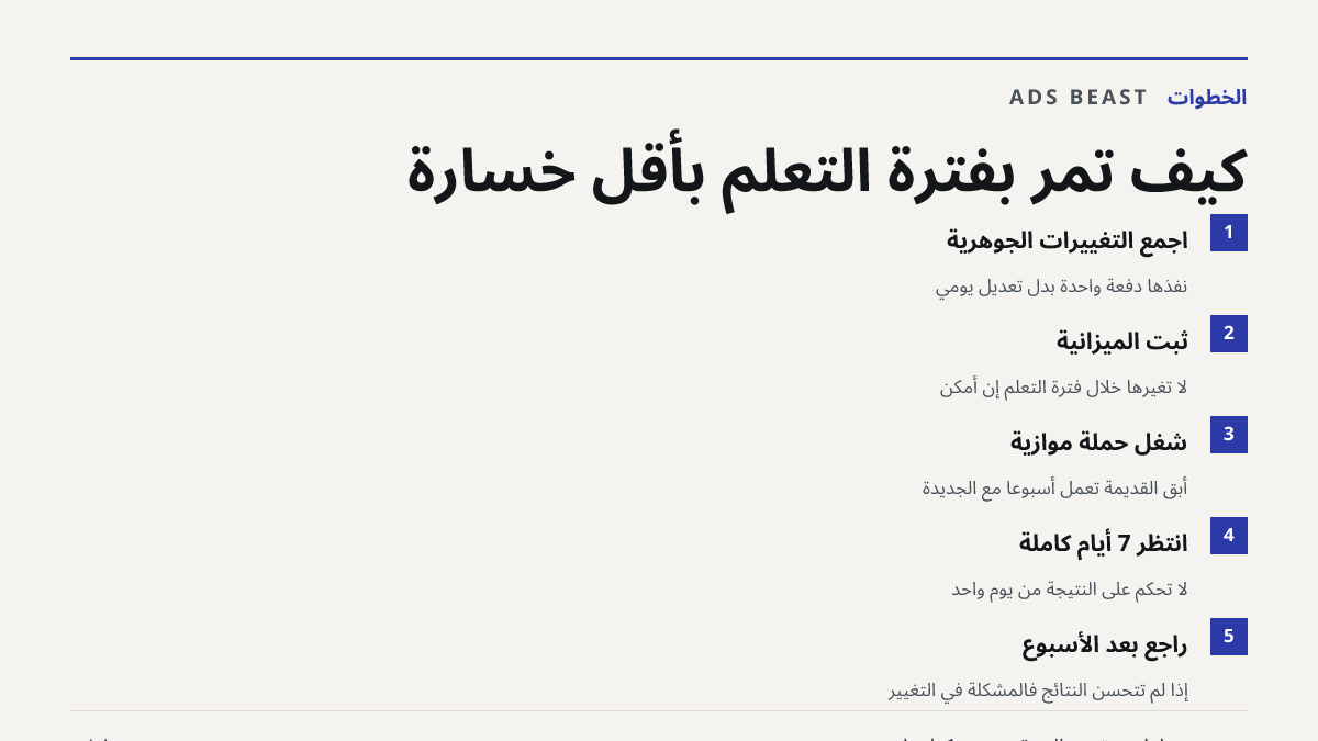 كيف تمر بفترة التعلم بأقل خسارة. اجمع التغييرات الجوهرية: نفّذها دفعة واحدة بدل تعديل يومي; ثبّت الميزانية: لا تغيّرها خلال فترة التعلم إن أمكن; شغّل حملة موازية: أبقِ القديمة تعمل أسبوعًا مع الجديدة; انتظر 7 أيام كاملة: لا تحكم على النتيجة من يوم واحد; راجع بعد الأسبوع: إذا لم تتحسن النتائج فالمشكل