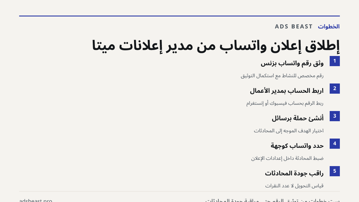 إطلاق إعلان واتساب من مدير إعلانات ميتا. وثّق رقم واتساب بزنس: رقم مخصص للنشاط مع استكمال التوثيق; اربط الحساب بمدير الأعمال: ربط الرقم بحساب فيسبوك أو إنستغرام; أنشئ حملة برسائل: اختيار الهدف الموجّه إلى المحادثات; حدّد واتساب كوجهة: ضبط المحادثة داخل إعدادات الإعلان; راقب جودة المحادثات: قياس التح
