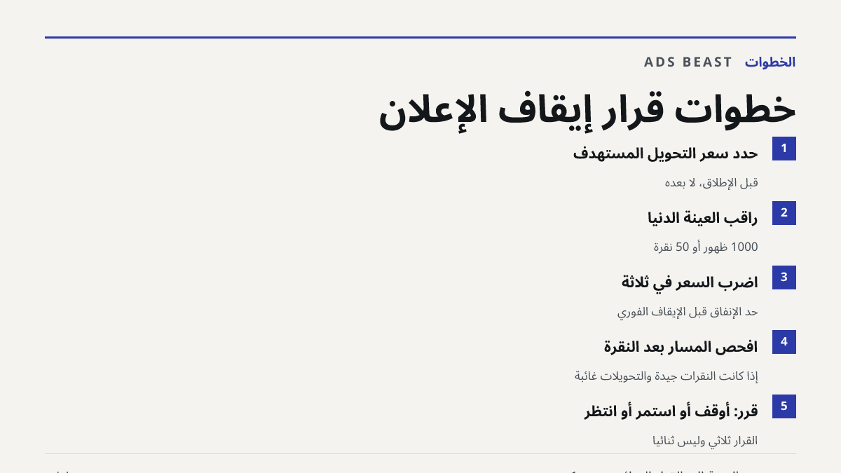 خطوات قرار إيقاف الإعلان. حدد سعر التحويل المستهدف: قبل الإطلاق، لا بعده; راقب العينة الدنيا: 1000 ظهور أو 50 نقرة; اضرب السعر في ثلاثة: حد الإنفاق قبل الإيقاف الفوري; افحص المسار بعد النقرة: إذا كانت النقرات جيدة والتحويلات غائبة; قرر: أوقف أو استمر أو انتظر: القرار ثلاثي وليس ثنائيًا