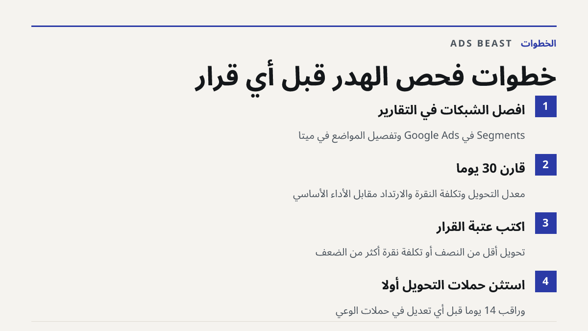 خطوات فحص الهدر قبل أي قرار. افصل الشبكات في التقارير: Segments في Google Ads وتفصيل المواضع في ميتا; قارن 30 يوماً: معدل التحويل وتكلفة النقرة والارتداد مقابل الأداء الأساسي; اكتب عتبة القرار: تحويل أقل من النصف أو تكلفة نقرة أكثر من الضعف; استثنِ حملات التحويل أولاً: وراقب 14 يوماً قبل أي تعديل في
