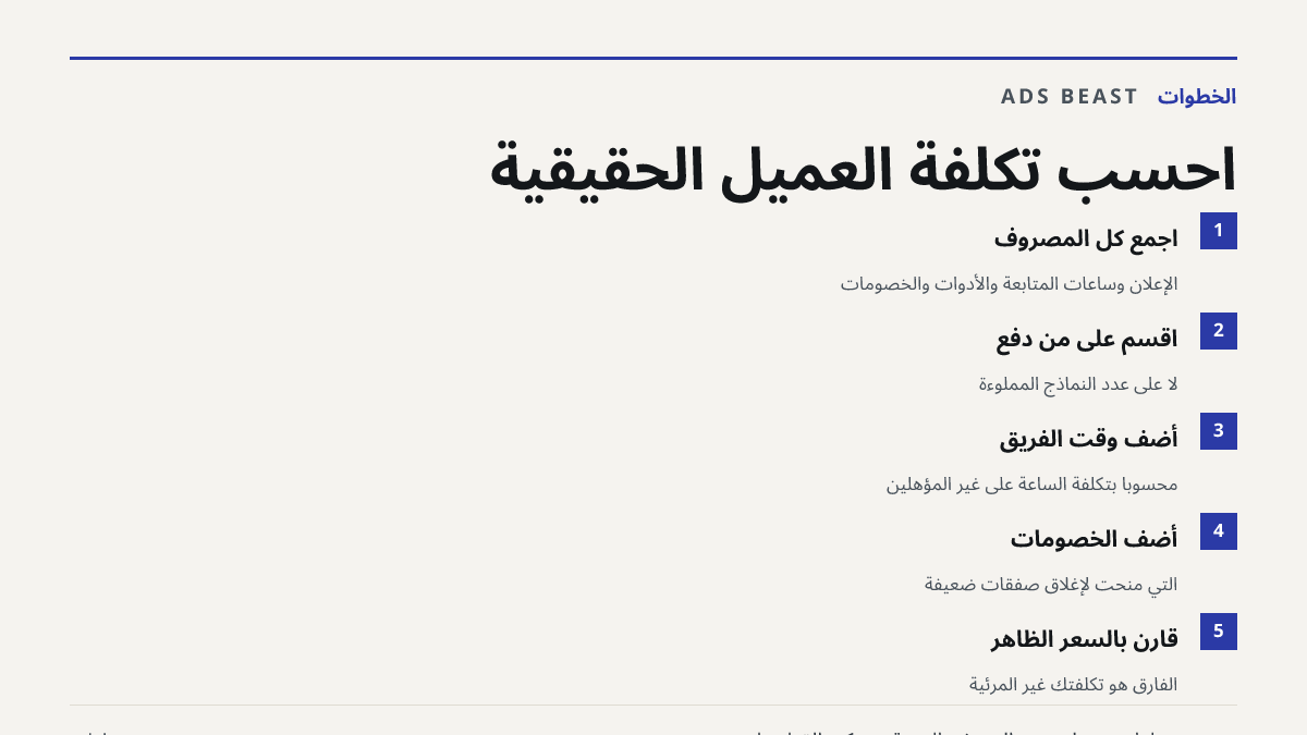 احسب تكلفة العميل الحقيقية. اجمع كل المصروف: الإعلان وساعات المتابعة والأدوات والخصومات; اقسم على من دفع: لا على عدد النماذج المملوءة; أضف وقت الفريق: محسوباً بتكلفة الساعة على غير المؤهلين; أضف الخصومات: التي مُنحت لإغلاق صفقات ضعيفة; قارن بالسعر الظاهر: الفارق هو تكلفتك غير المرئية