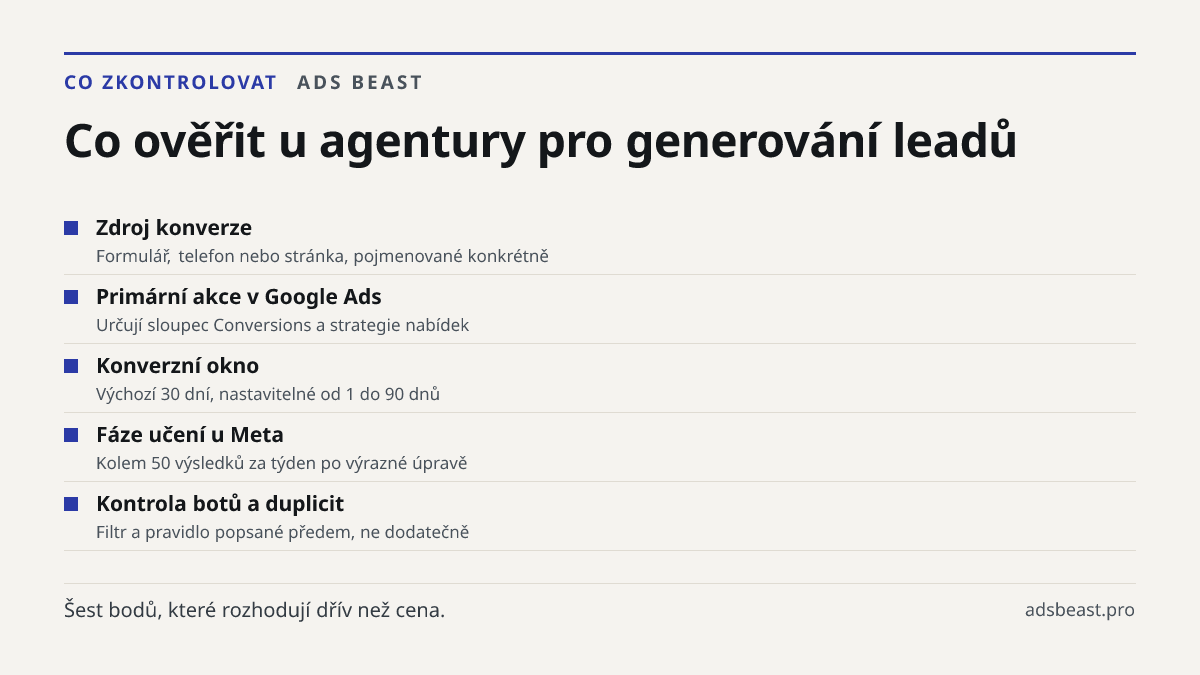 Co ověřit u agentury pro generování leadů. Zdroj konverze: Formulář, telefon nebo stránka, pojmenované konkrétně; Primární akce v Google Ads: Určují sloupec Conversions a strategie nabídek; Konverzní okno: Výchozí 30 dní, nastavitelné od 1 do 90 dnů; Fáze učení u Meta: Kolem 50 výsledků za týden po 