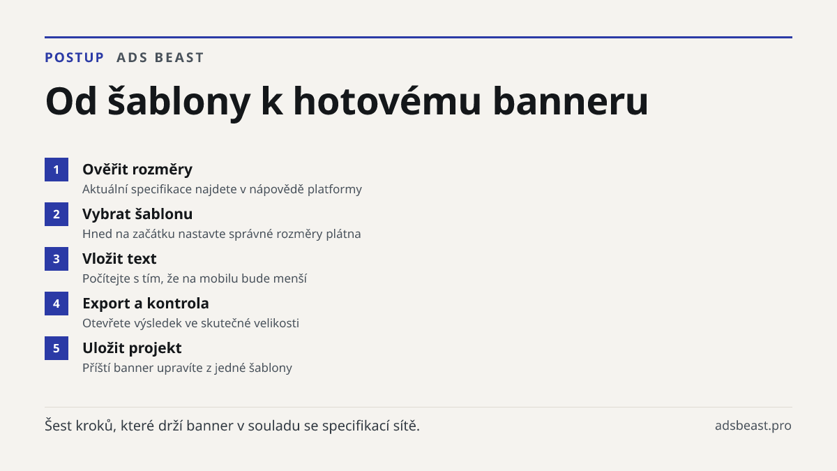 Od šablony k hotovému banneru. Ověřit rozměry: Aktuální specifikace najdete v nápovědě platformy; Vybrat šablonu: Hned na začátku nastavte správné rozměry plátna; Vložit text: Počítejte s tím, že na mobilu bude menší; Export a kontrola: Otevřete výsledek ve skutečné velikosti; Uložit projekt: Příští