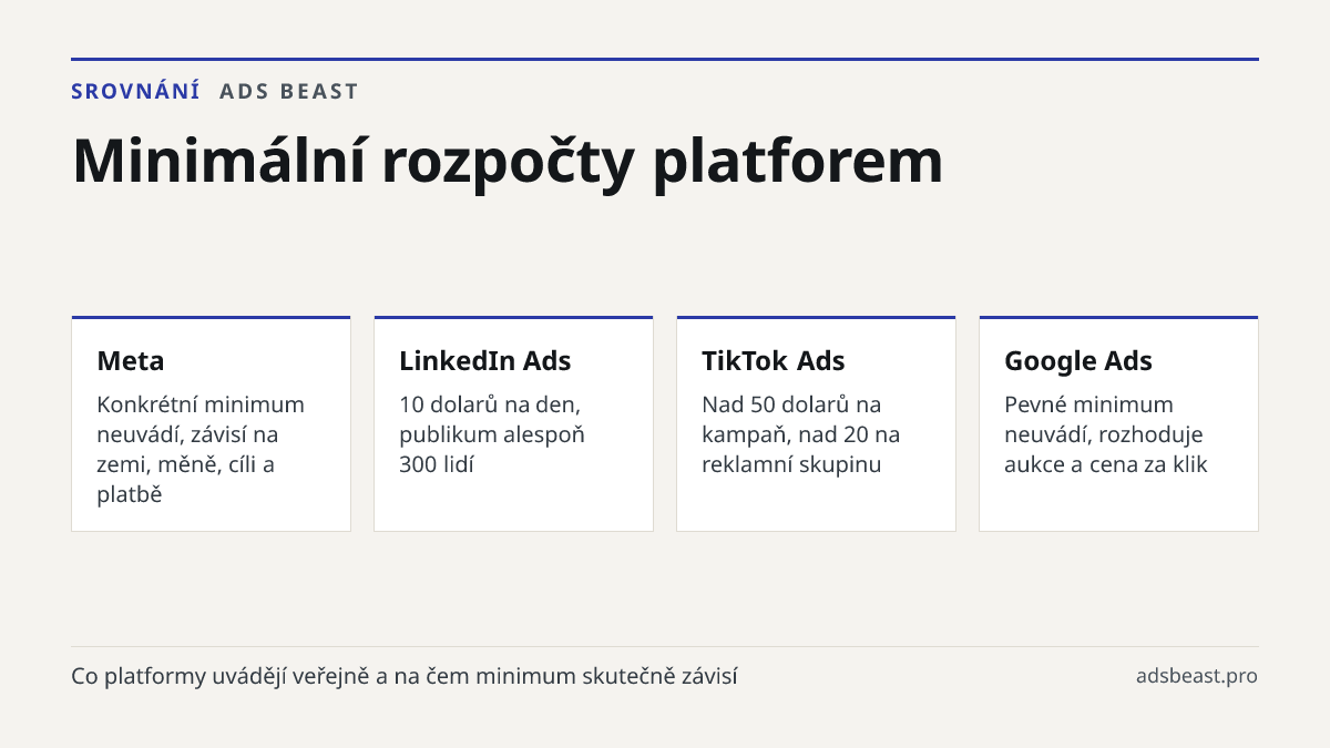 Minimální rozpočty platforem. Meta: Konkrétní minimum neuvádí, závisí na zemi, měně, cíli a platbě; LinkedIn Ads: 10 dolarů na den, publikum alespoň 300 lidí; TikTok Ads: Nad 50 dolarů na kampaň, nad 20 na reklamní skupinu; Google Ads: Pevné minimum neuvádí, rozhoduje aukce a cena za klik