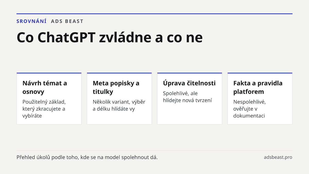 Co ChatGPT zvládne a co ne. Návrh témat a osnovy: Použitelný základ, který zkracujete a vybíráte; Meta popisky a titulky: Několik variant, výběr a délku hlídáte vy; Úprava čitelnosti: Spolehlivé, ale hlídejte nová tvrzení; Fakta a pravidla platforem: Nespolehlivé, ověřujte v dokumentaci; Měření pozi