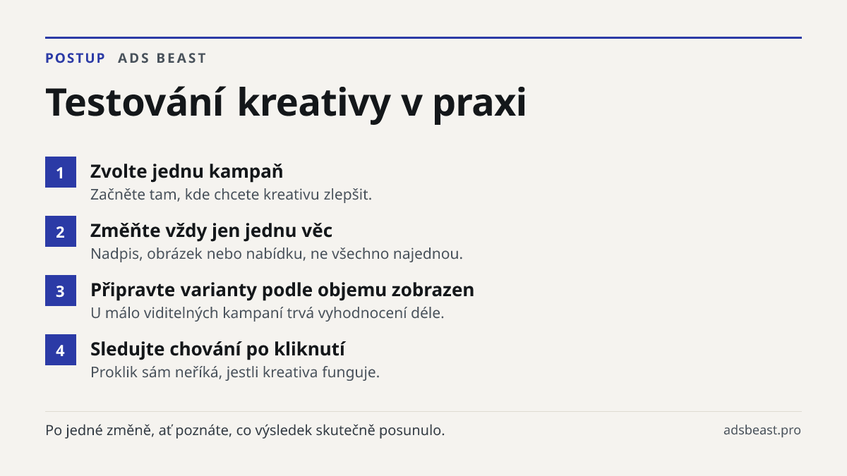Testování kreativy v praxi. Zvolte jednu kampaň: Začněte tam, kde chcete kreativu zlepšit.; Změňte vždy jen jednu věc: Nadpis, obrázek nebo nabídku, ne všechno najednou.; Připravte varianty podle objemu zobrazen: U málo viditelných kampaní trvá vyhodnocení déle.; Sledujte chování po kliknutí: Prokli