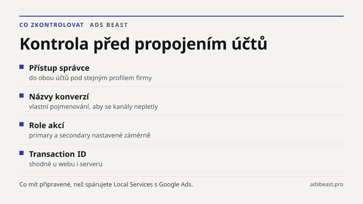 Kontrola před propojením účtů. Přístup správce: do obou účtů pod stejným profilem firmy; Názvy konverzí: vlastní pojmenování, aby se kanály nepletly; Role akcí: primary a secondary nastavené záměrně; Transaction ID: shodné u webu i serveru